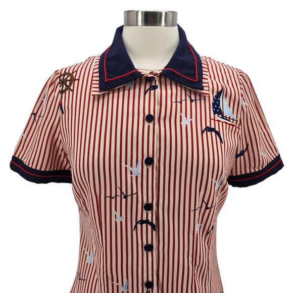 Hell Bunny Womens Medium Top Avery Blouse Sailboat Birds Striped Pinup Retro Red - Picture 11 of 11